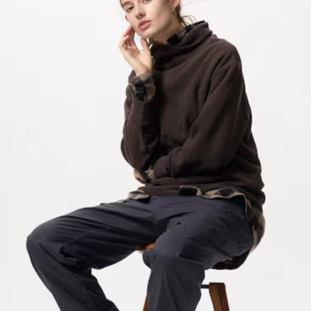 Uniqlo | Top | Soft Knitted Fleece Ribbed T-Shirt High Neck Long Sleeve | Brown